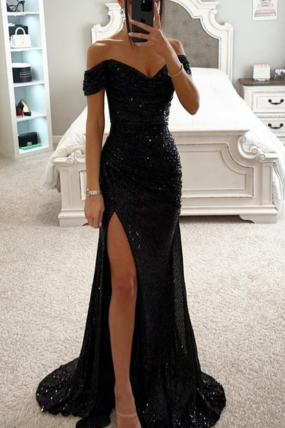 Party Sequined Bateau Neck Slit Maxi Dress