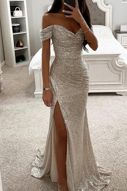 Party Sequined Bateau Neck Slit Maxi Dress