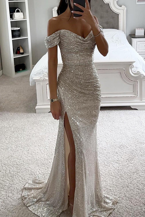 Party Sequined Bateau Neck Slit Maxi Dress