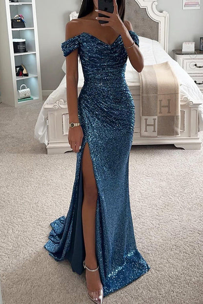 Party Sequined Bateau Neck Slit Maxi Dress