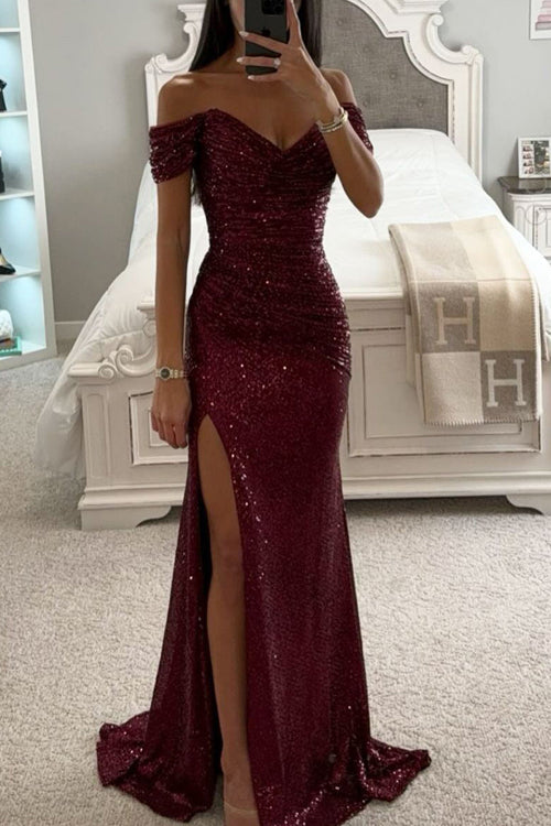 Party Sequined Bateau Neck Slit Maxi Dress