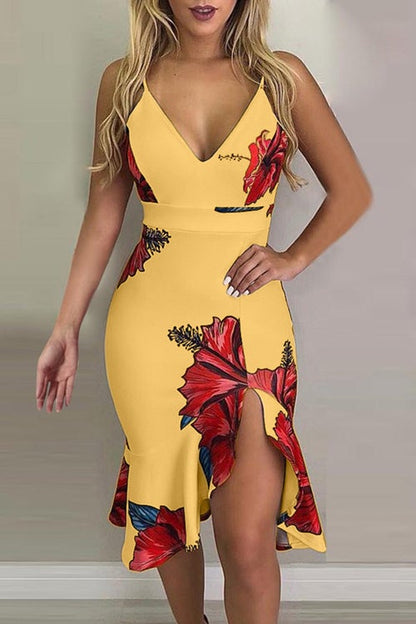 Safflower Printed Ruffle Wrap Dress