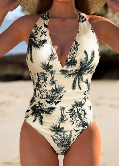 Vintage one-piece swimsuit with plant pattern