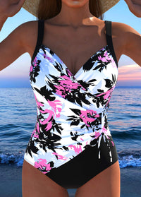 White (Pink and black leaf print)